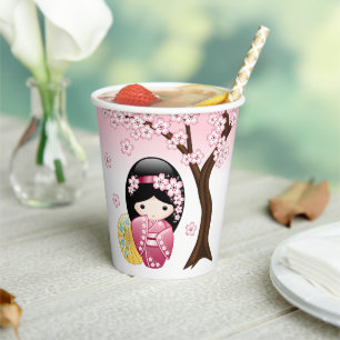 Vasos De Papel Muñeca Kokeshi de primavera - Chica Geisha japonés