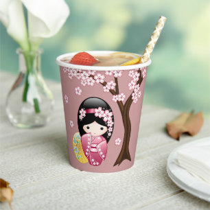 Vasos De Papel Muñeca Kokeshi de primavera - Chica Geisha lindo e