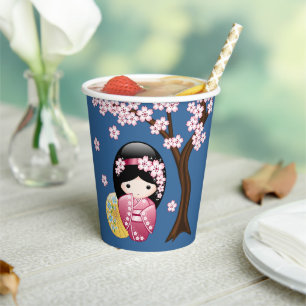 Vasos De Papel Muñeca Kokeshi de primavera - Chica Geisha lindo e