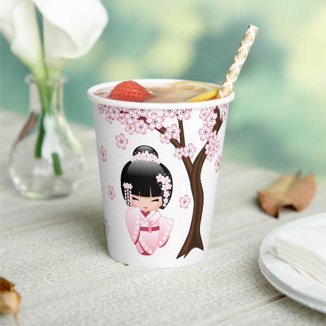 Vasos De Papel Muñeca Kokeshi Kimono Rosa Kawaii (in situ)