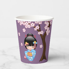 Vasos De Papel Muñeca Maiko Kokeshi - Chica Geisha de Kimono Azul
