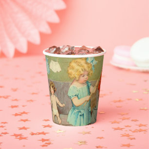 Vasos De Papel Muñeca niña de lavandería vintage jugando muñecas