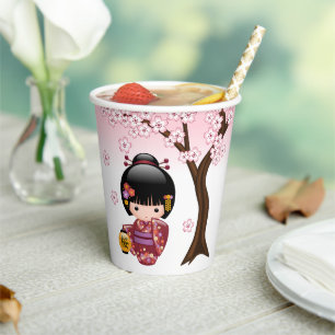 Vasos De Papel Muñeca Sakura Kokeshi - Chica Geisha japonés