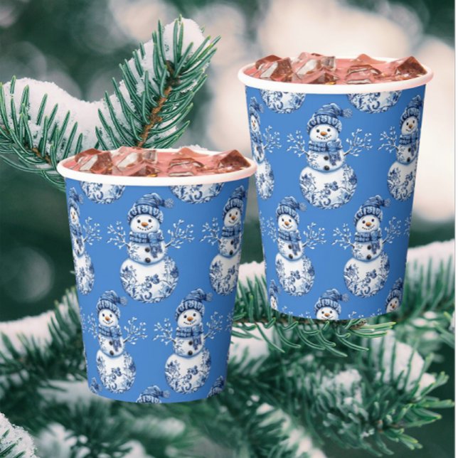 Vasos De Papel Muñeco de nieve azul alegre blanco feliz  (Jolly snowmen for Yule time party drinks!)