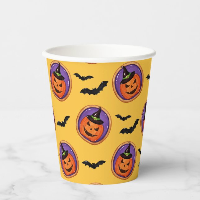 Vasos De Papel Murciélagos de Halloween y tazas de papel amarillo (Anverso)