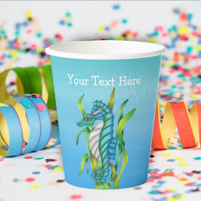 Vasos De Papel Mystical Ocean Creature Seahorse Seaweed Blues (Fantasy sea dragon creature aqua blue in seaweed on shades of blue paper party drinking cups.)