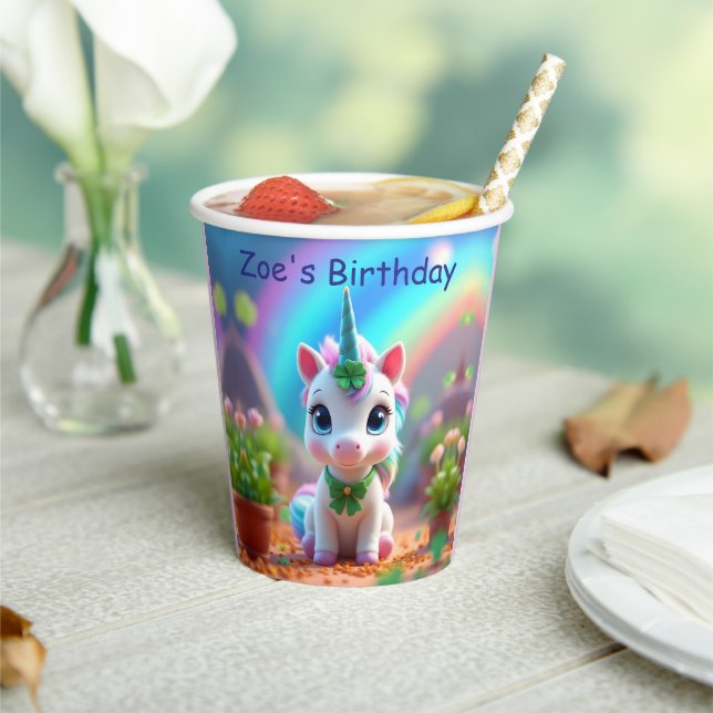 Vasos De Papel Nacimiento de unicornio y arcoiris, cumpleaños de  (in situ)