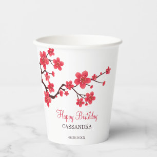 Vasos De Papel Nacimiento Floral de Cerezo Rojo