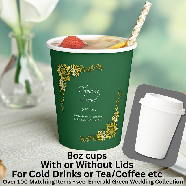 Vasos De Papel Names Date Message Emerald Green & Gold 8oz (Subido por el creador)