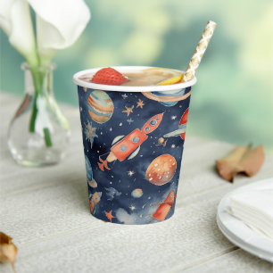 Vasos De Papel Naranja azul de la acuarela del planeta del niño p