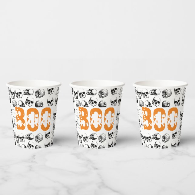 Vasos De Papel Naranja Boo Halloween Spooky Skull Pattern (Multi)