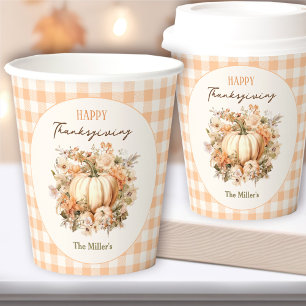 Vasos De Papel Naranja de la Calabaza de Acción de Gracias Gingha