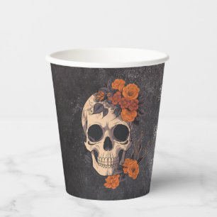 Vasos De Papel Naranja Flores Elegante Boda de cráneo