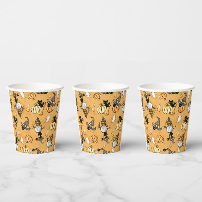 VASOS DE PAPEL NARANJA HALLOWEEN BOMBA Y GANOS NEGROS CUIDADOS (Multi)