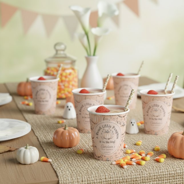 Vasos De Papel Naranja lindo dulce calabaza pequeña caída Baby Sh (Sweet Little Pumpkin Halloween or Fall Baby Shower Paper Cups in Pastel Orange. Cute Pumpkins, Candy)