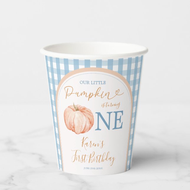 Vasos De Papel Naranja Pumpkin Boho Blue Gingham Primer cumpleaño (Anverso)