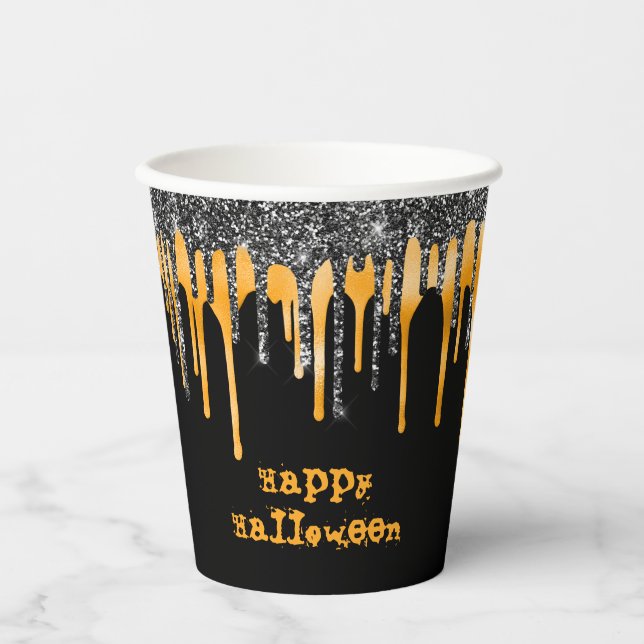Vasos De Papel Naranja Purpurina negro gotea Feliz Halloween (Anverso)