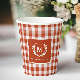 Vasos De Papel Naranja-Red Gingham Monograma Personalizado Escudo