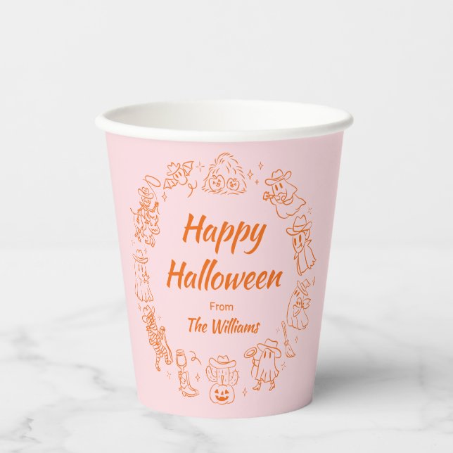 Vasos De Papel Naranja Rosa Quirky mano dibujó doodles Halloween (Anverso)