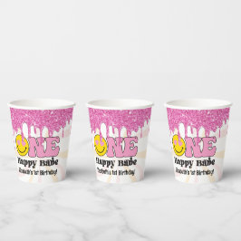 Vasos De Papel Naranja Rosa Retro Un Bebé Feliz Cumpleaños 1