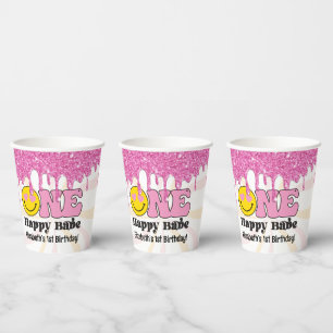 Vasos De Papel Naranja rosa retro un bebé feliz primer cumpleaños