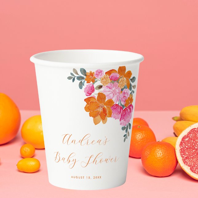 Vasos De Papel Naranja rosa vibrante Summer Floral Baby Shower (Subido por el creador)