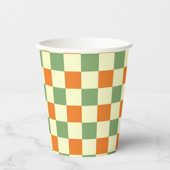 Vasos De Papel Naranja Verde Brown Checkered Gingham Pattern (Anverso)