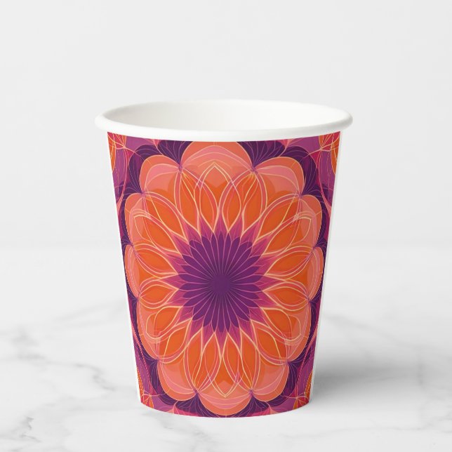 Vasos De Papel Naranja vibrante con Kaleidoscopio Purple Floral (Anverso)