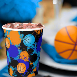 Vasos De Papel Naranja y Blue Paint Splatter Baloncesto Cumpleaño
