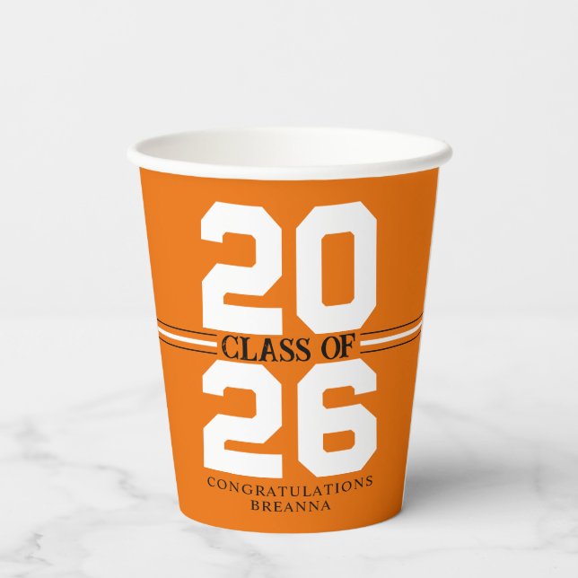 Vasos De Papel Naranja y clase blanca de graduación personalizada (Reverso )
