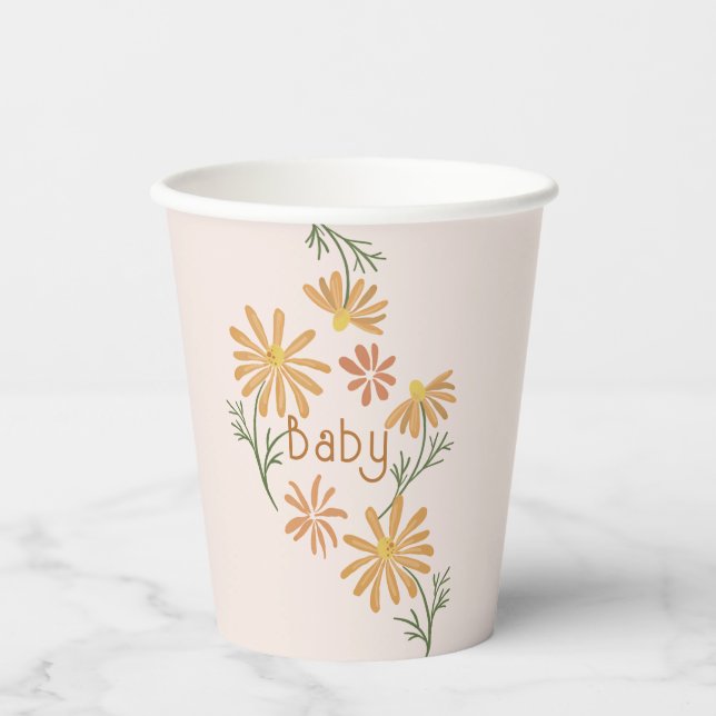 Vasos De Papel Naranja y Yellow Daisies Baby Shower (Anverso)