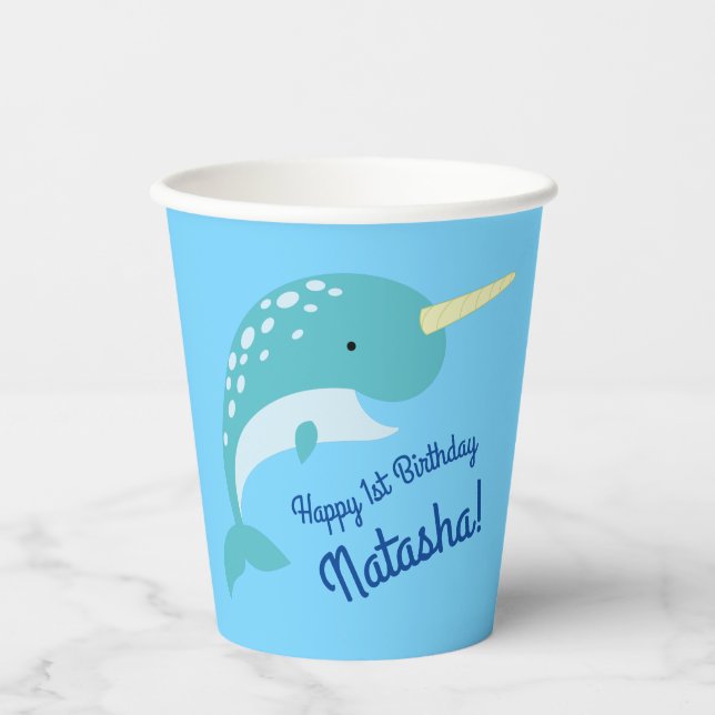 Vasos De Papel Narwhals Ocean Cute niños Fiestas de primer cumple (Anverso)