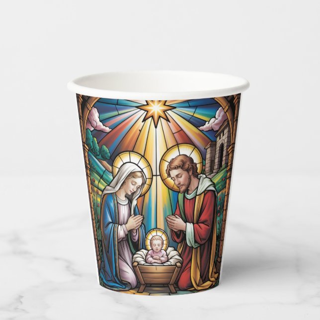 Vasos De Papel Nativity Stained Glass Art – Holy Family Christmas (Anverso)