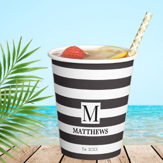 Vasos De Papel Náutica Bandas Azules Nombre de familia Monograma