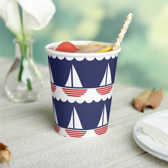 Vasos De Papel Náutica Náutica Patrón Navío Azul y Rojo (in situ)