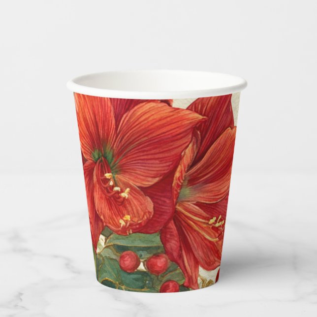 Vasos De Papel Navidad con Amarilis Rojo Rústico (Anverso)