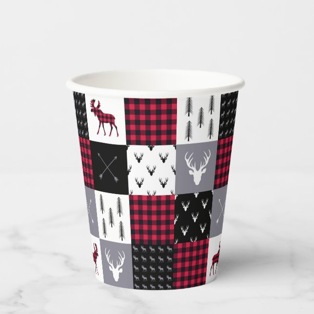 Vasos De Papel Navidad Plaid Búfalo Rústico Parche Rojo Blanco (Anverso)