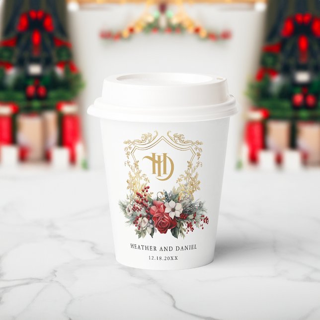 Vasos De Papel Navidades clásicos Escudo floral Monograma Boda (Subido por el creador)