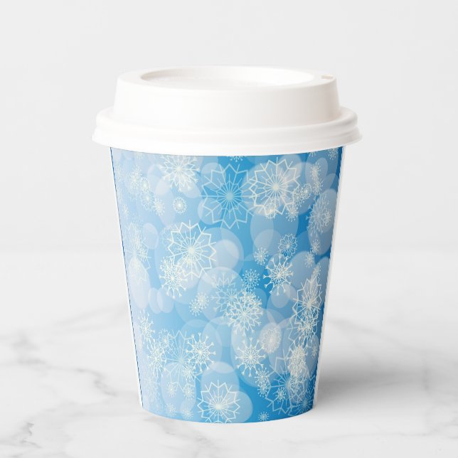 Vasos De Papel Navidades con copos de nieve en un fondo azul (Anverso)