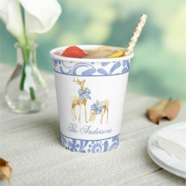 Vasos De Papel Navidades de acuarela Blue Chinoiserie Bow Reindee