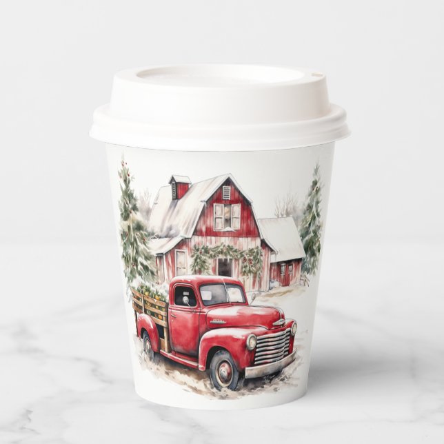 Vasos De Papel Navidades de acuarela Camión de época y granero (Anverso)