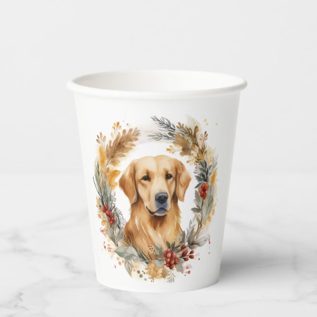 Vasos De Papel Navidades de Golden Retriever Wreath Festial Pup (Anverso)