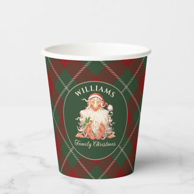Vasos De Papel Navidades de la familia Retro Santa con nombre y a (Anverso)