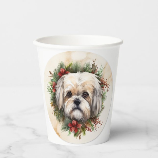 Vasos De Papel Navidades de Lhasa Apso Wreath Festimes Pup (Anverso)
