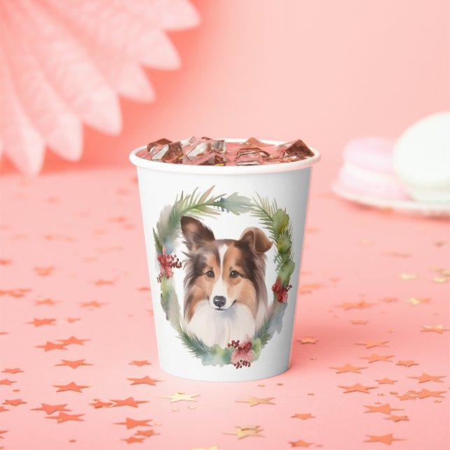 Vasos De Papel Navidades de Shetland Sheepdog Wreath Festimes Pup (in situ)