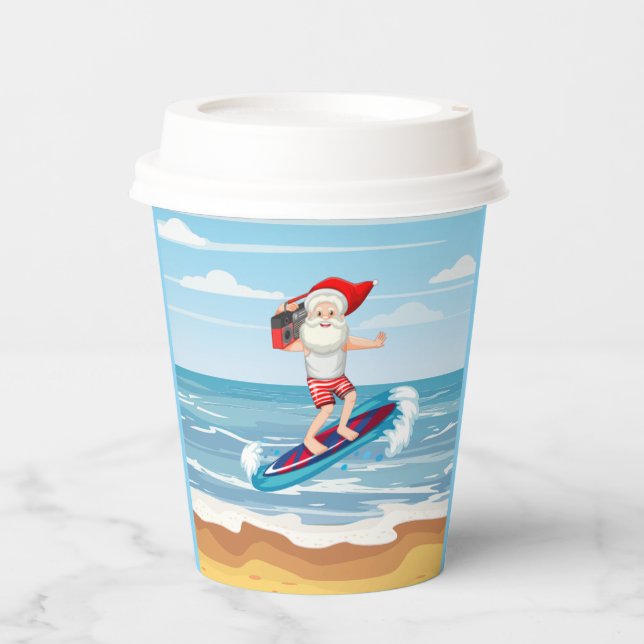 Vasos De Papel Navidades de surf Beach Santa (Anverso)