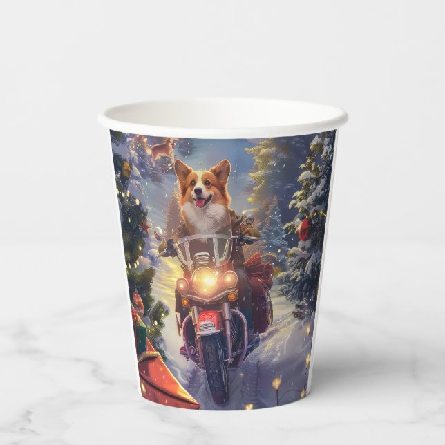 Vasos De Papel Navidades en motocicleta de Corgi Dog Riding (Reverso )