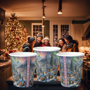 Vasos De Papel Navidades en un pueblo de montaña, luces polares
