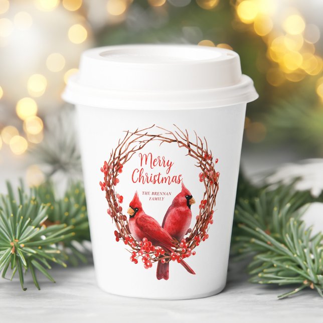 Vasos De Papel Navidades escriben fiesta tradicional del cardenal (Christmas Wreath Traditional Red Cardinal Festive Paper Cups)