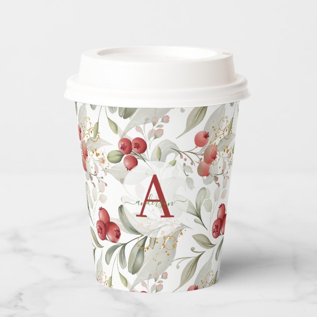 Vasos De Papel Navidades Monogramados de las Ramas de Cranberry d (Anverso)